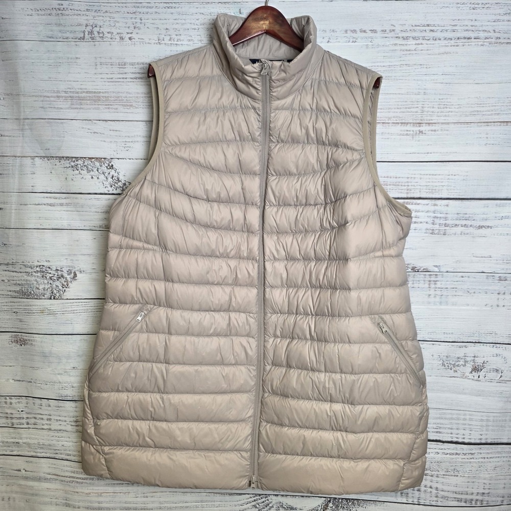 Lands' End Womens Wanderweight Packable Down Long Vest Beige Tan 2X 20W-22W